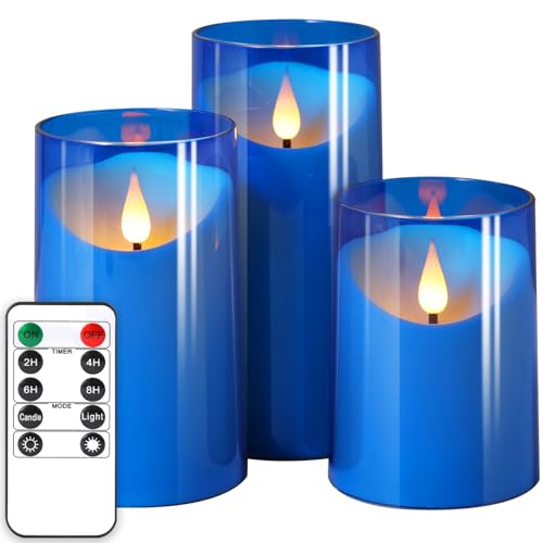 NURADA Flickering Flameless Candles: LED Pillar Candles with Imitation Glass - Acrylic Battery Candles with Remote and Timer for Wedding Party Valentine's Day Decor, Pack of 3 Blue by NURADA - Used condition - US$15.36