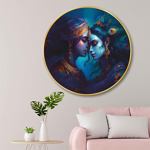 Image of Livin'luxe Radha Krishna Round Art Print - Divine Love Artwork with Peacock Feather & Royal Blue Theme | Spiritual Home Decor for Living Room, Bedroom, Temple & Gift (16 x 16 Inch) Art-GRM-281