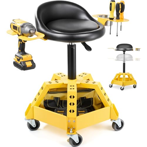 Rolling Shop Stool with Wheels, Adjustable Height Garage Mechanic Stool, Heavy Duty Roller Mechanic Chair with Tool Tray Storage, Padded mechanic chair Seat with Backrest, 360° Swivel,330 LBS Capacity