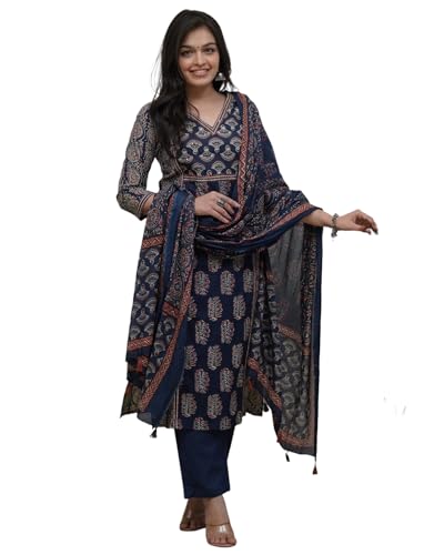 Kurta pantalon et dupatta pour femme bleu marine idéal pour vos fêtes de famille