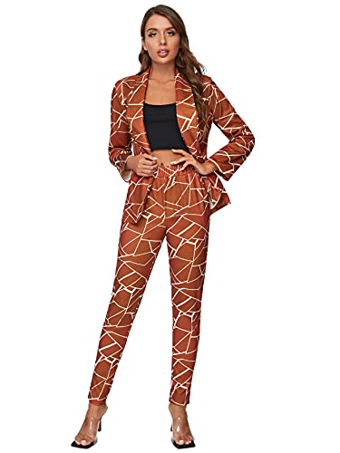 Shein Women's Two Piece Plaid Open Front Long Sleeve Blazer And Elastic Waist Pant Set Suit Brown Small #TOP4