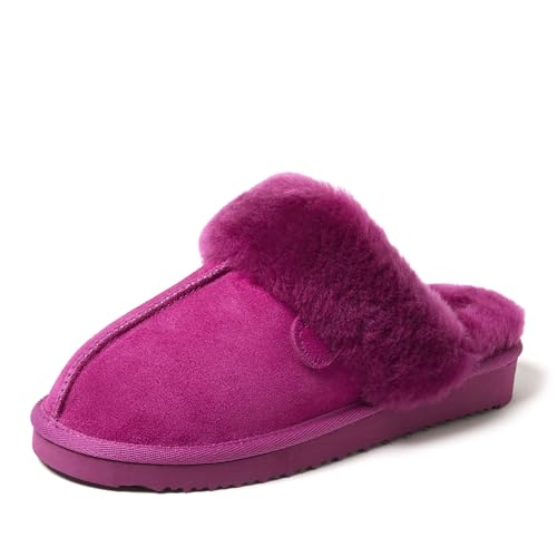 Dearfoams Women's Fireside Sydney Shearling Fur Indoor/Outdoor Scuff Slipper with Wide Widths, Mystic Purple, 6
