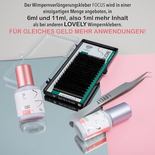 LOVELY Wimpernkleber FOCUS - schneller Kleber, Trocknungszeit: 0,5 Sekunden, 8 Wochen Haftkraft, beständig - Wimpernkleber für Wimpernverlängerung geeignet für Studios & Fremdanwendung - 6ml Schwarz