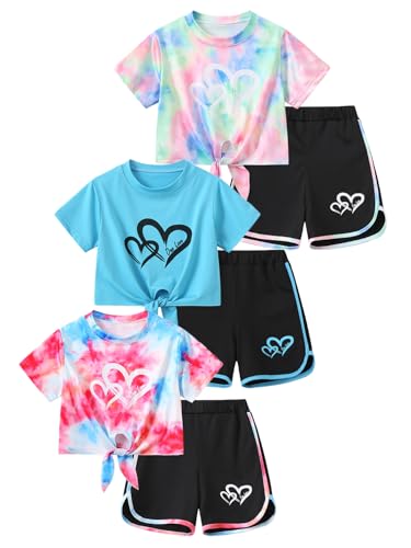 Fdqin 2 Piece Sets For Girls Tie Dye Short Sleeve Tshirts Tops and Shorts Summer Outfits Trendy Sport Activewear Sets For Outdoor Dance 5-6 Years