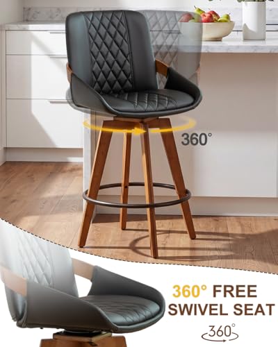 Image of AQG Bar Height Bar Stools Set of 4, Mid Century Modern Bar Chairs Swivel with Back, Faux Leather Upholstered Barstools Walnut Wood Frame for Kitchen Island (Black, 30 Inch - 4 PCS)
