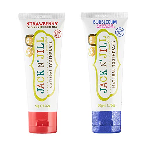 Image of Jack N Jill Natural Toothpaste, Strawberry & Bubblegum, 1.76 oz (2 Pack) | Fluoride Free Kids & Toddlers Toothpaste, Gently Cleans Teeth, Helps Soothe Gums, 40% Xylitol, BPA Free, No Artificial Dyes