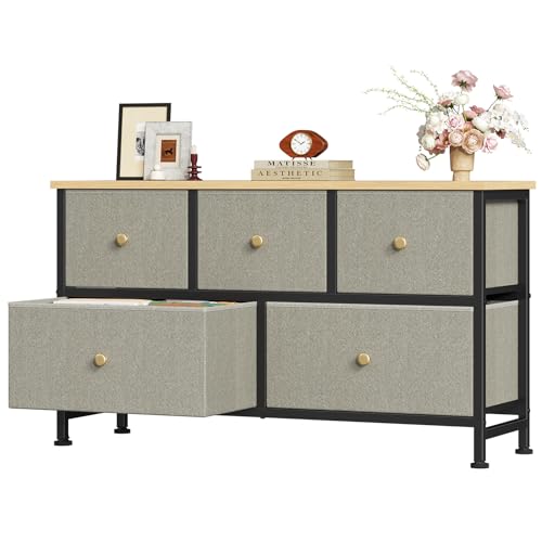 Image of OLIXIS 5 Drawer Dresser for Bedroom, Storage Organizer Unit for Closet | Chest of Drawers for Clothes Storage with Bins, Wide Fabric Bedroom Dresser, Wooden Top, Living Room, Ink Green