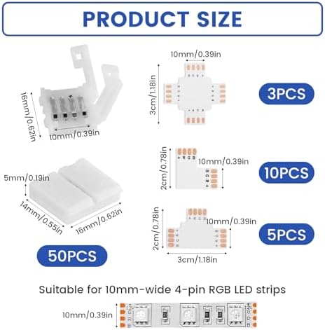 68 Pcs 4 Pin LED Strip Connectors Kit for 10mm RGB 5050 LED Strip Lights, Solderless LED Light Connectors with L T Cross Shapes for 5V 12V 24V DIY Lighting Installation Projects — 사진 2