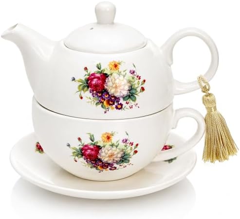 Tea for One with Tassel, 16 OZ Ceramic Teapot Set, Floral Tea Pot...