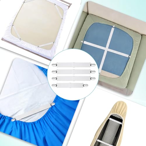 Zelphvt Ironing Board Cover Clips 4PCS Ironing Board Cover Fasteners Adjustable Elastic Straps with Metal Fasteners for Secure Fit Keep Covers Flat and Secure White
