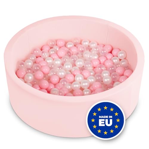 SELONIS Piscine À Balles Ronde en Mousse 90X30cm/200 Balles pour Bébé Enfant, Rose: Rose Poudré/Perle/Transparent