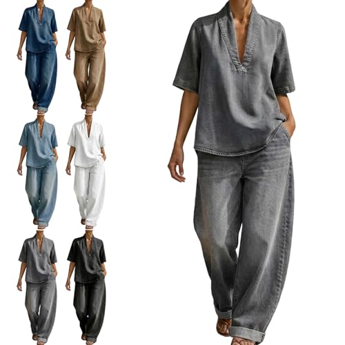 PWOCEAG 2026 New Women's Minimalist Cozy Short-sleeved Top Wide-leg Jeans
