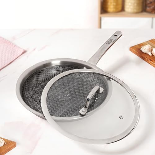 Image of Nestasia Triply Stainless Steel Honeycomb Fry Pan with Glass Lid 26 cm (2L) - Non Stick Frying Pan with Air Vent Lid for Healthy Cooking | Induction & Gas Stove Friendly, Even Heating, Less Oil Use