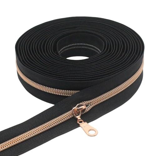 YaHoGa #5 Rose Gold Metallic Nylon Coil Zippers by The Yard Bulk Black Tape 10 Yards with 25pcs Pulls for DIY Sewing Tailor Craft Bag (Black)