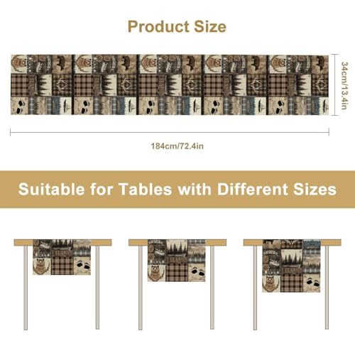 Image of Rustic Country Bear Table Runner,Vintage Wild Animals Bear Deer Forest Mountain Fish Table Cloth for Home Kitchen Dining Table Decoration Party 13x72 in