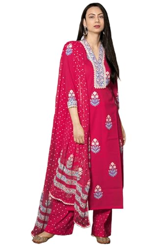 Image of GoSriKi Women's Cotton Blend Straight Hand Block Printed Kurta with Pant & Dupatta | Ethnic Wear for Women | Indian Casual Office Daily Summer Outfit