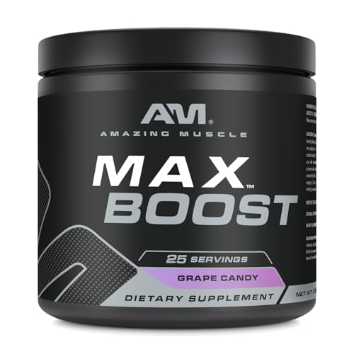 Image of Amazing Muscle Max Boost | 25 Servings | Intense Pre-Workout Supplement for Men & Women | Contains Creatine Monohydrate, Caffeine, Beta-Alanine, Betaine (25 Servings, Grape Candy)