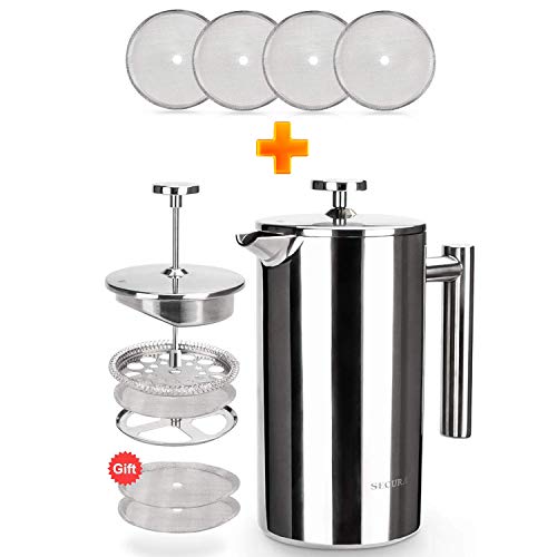 Secura Bundle Stainless Steel French Press Coffee Maker with 6 Replacement Screens, 34