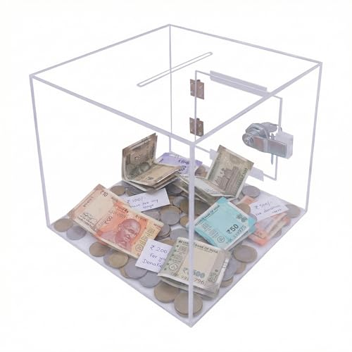 Image of Rasper Transparent Acrylic Donation Box Daan Patra Daan Peti Visiting Card Drop Ballot Charity & Coupon Collection Box (Small Size 6x6x6 Inches, Square Shape) with Lock Facility