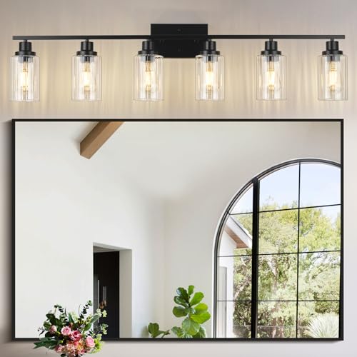 Image of Jonsi Modern Black Bathroom Light Fixtures, 6-Light Modern Black Vanity Light, Bathroom Vanity Light with Stripe Glass Shade, E26 Wall Sconces Over Mirror for Bathroom, Living Room, Hallway