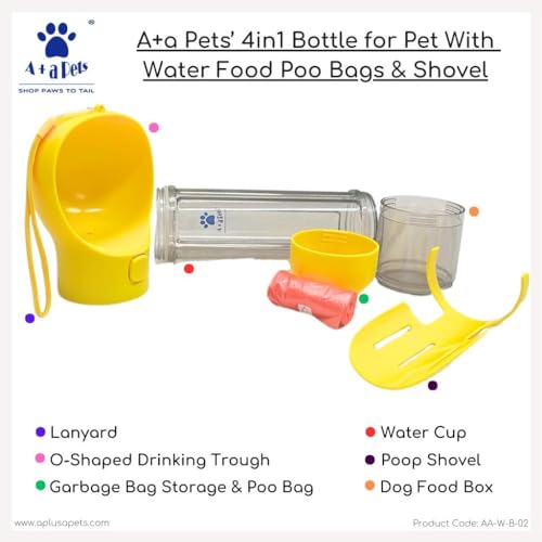 Image of A+a Pets' Dog Water Bottle, Pet Portable Water Bottle with 500ML Water Tank, Dog Food Storage, Poop Shovel & Garbage Bag, Leak Proof Button Design, Lightweight & Portable for Travel, Camping (Blue)