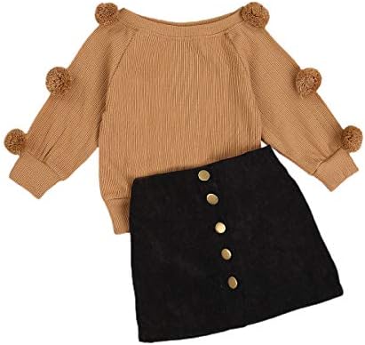Toddler Kids Baby Girl Clothes Knitted Long Sleeve Pom Pom Sweater Tops Black Skirt Fall Outfits Fashion Clothing (Khaki,3-4T)