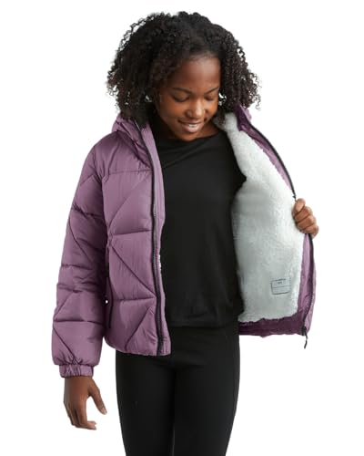 Image of Reebok Girls Heavyweight Quilted Cropped Puffer Parka with Sherpa Lining | Plush Faux-Fur Trim, Wind-Blocking Hood, Deep Pockets for Warm Hands, Modern Silhouette for School and Cold Days