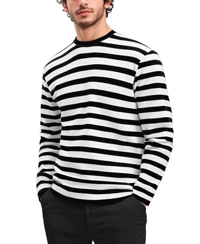 Men's Striped Shirts Long Sleeve, T-Shirt Crewneck Cotton Blend Stripes Top Casual Tee