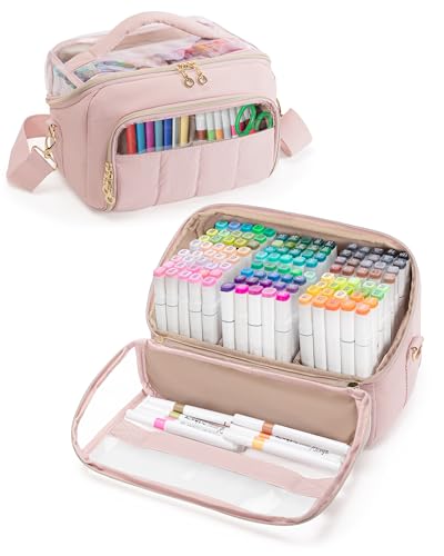 Marscamd Quilted Marker Organizer Case Holds 180 Markers Marker Storage Organizer Bag with Dividers and Detachable Crossbody Strap Pink