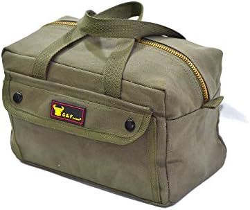 G & F Products Government Issued Style Mechanics Heavy Duty Tool Bag with Brass zipper and side pockets, tool bag for cars, drill, garden, and electrician. Olive Green , 11" x 7" x 6"