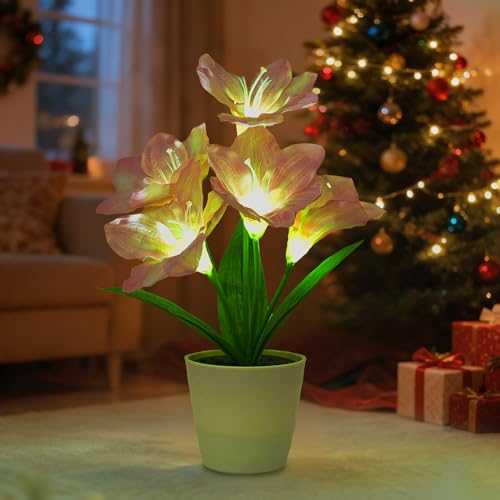 Image of Artificial Pink Lily Flower Lamp, LED Light for Bedroom Bar Coffee Shop Wedding Decor, Gifts for Women Mom Daughter Grandma Girlfriend Coworker Friend Birthday Christmas Valentines Mothers Day