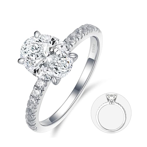 MOOSEA 2ct Oval Moissanite Rings for Women, 925 Sterling Silver D Color VVS1 Clarity Lab Created Moissanite Engagement Rings for Women Side Stone Rings