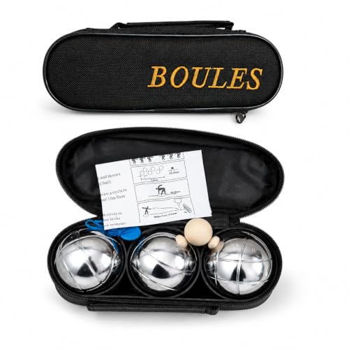 DUAS French Boules Petanque Balls Set in Chrome Steel 3/6/8 Piece Outdoor Game Kit with Wooden Jack Measuring String and Zipped Carry Case for Garden Beach Camping (Set of 3)