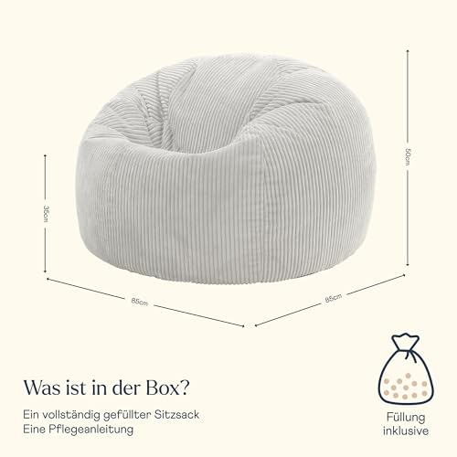 Icon Kingston Sitzsack Cord, Beige, Sitzsack Erwachsene mit Füllung, Bean Bag, Cord Sessel, Lounge Sessel, Lounge Stuhl, Schlafzimmer, Wohnzimmer, Wohnzimmer Möbel