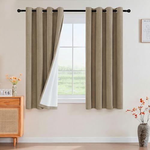 Image of Princedeco Blackout Curtains Linen Blended 45 Inch Long Room Darkening Black Out Curtains for Living Room with Natural Slubs & Grayish (Not Solid)Thermal Insulated Grommet 2 Panels,Heathered Macchiato