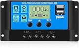 Solarladeregler 30A,12V/24V Solar Laderegler mit LCD-Display,PWM Laderegler Solar mit Dual USB Port,Solarpanel Batterieregler Intelligenter Regler mit Mehrere Laststeuerungsmodi