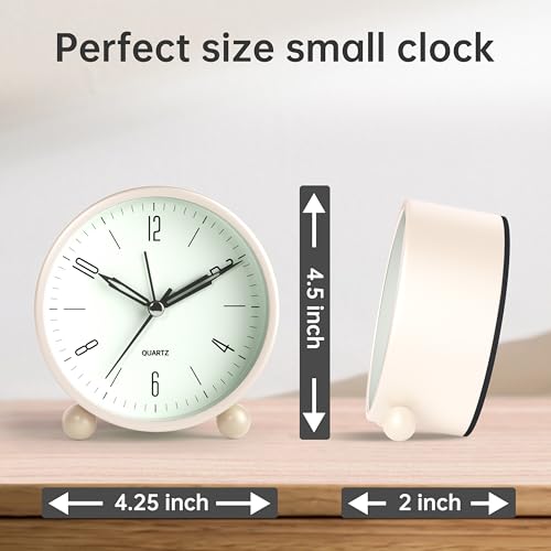 Image of JALL Analog Alarm Clock, 4 inch Super Silent Non Ticking Small Clock with Night Light, Battery Operated, Simple Design, Old Fashioned Style Cream Decor, for Bedroom, Bedside, Desk, Adult, Gift, White