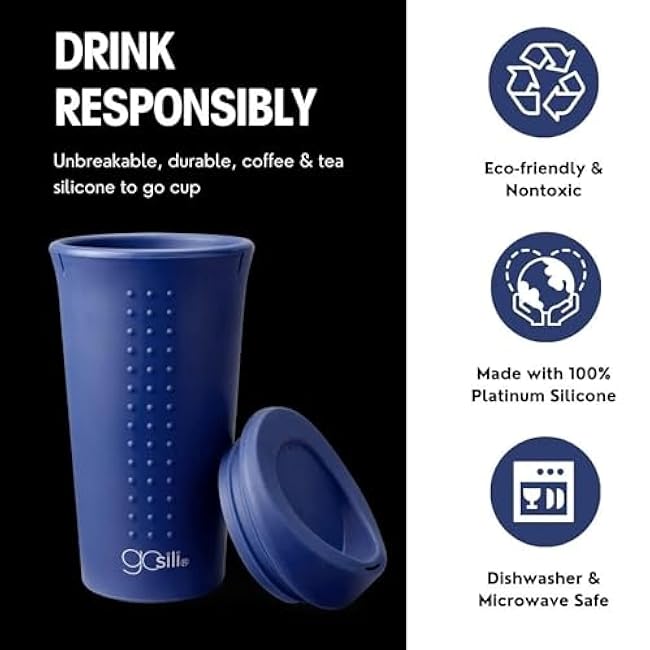 GoSili Reusable Silicone Tumbler with lid - 100% European-Grade Platinum Silicone, Stainless-Steel Ring, Eco-Friendly, Stain-Resistant, Dishwasher and Microwave Safe - 16oz, Teal