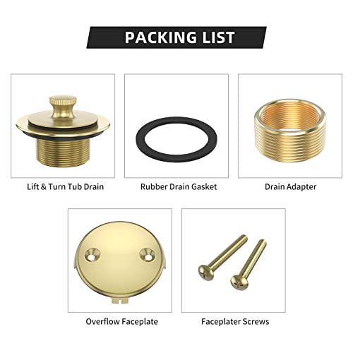 Brushed Gold Bathtub Drain Bath Tub Trim Set Conversion Kit Assembly, Universal All Brass Lift And Turn Twist Tub Drains Replacement Trim Kit With Two-Hole Overflow Faceplate #TOP4
