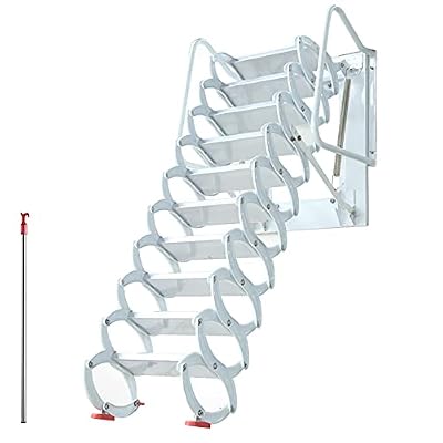 INTSUPERMAI Attic Ladder Loft Stairs Attic Extension Loft Ladder Wall-Mounted Folding Stairs Attic Stairs Pull Down from Wall with Aluminium Alloy Material Max 10ft Height for Home Refit Pure White