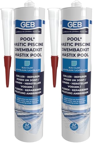 Mastic étanche bleu piscine GEB joint colle réparateur sous l'eau carrelage margelle bonde