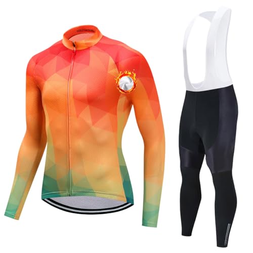 CXBNMA Traje Ciclismo Hombre para Invierno, Lana Térmico Ciclismo Maillot Mangas Largas con Culotte de Gel con Relleno