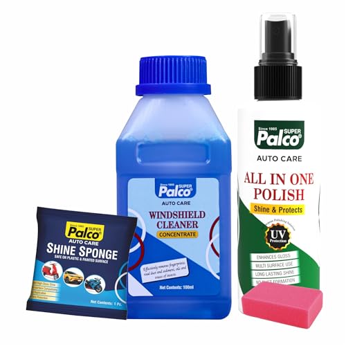 Image of PALCO Combo Auto Care 3 Products | Windshield 100ml, Shine Sponge and All in one Polish 100ml with Applicator, Auto Care Solution for Removing Dirt & Shining Cars and Bikes