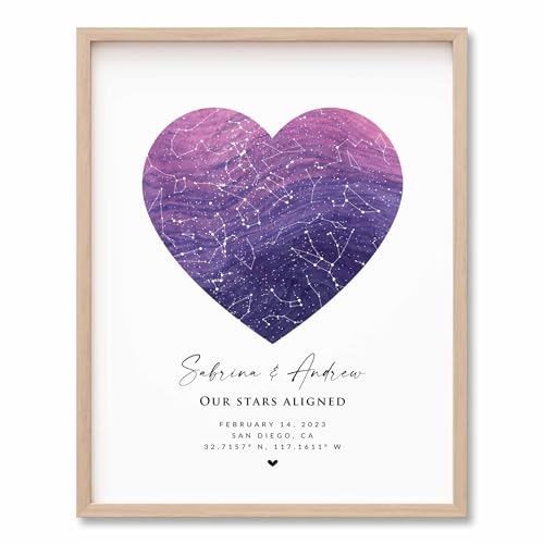 Custom Lavender Watercolor Heart Star Map Print, Personalized Night Sky Map, Wedding Anniversary Valentine's day Gift for Girlfriend Boyfriend Husband Wife Him Her