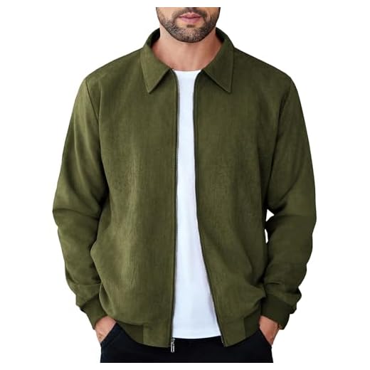 COOFANDY Jaqueta bomber masculina casual de camurça, leve, com zíper, jaqueta vintage de couro sintético, Verde militar, M