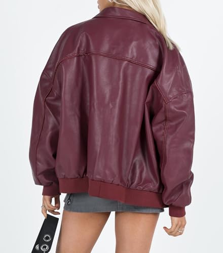 FOMOYUU Leather Jacket Women Faux Oversized Motorcycle Zipper Bomber PU Bike Coat 2024 Fall Fashion Outfits with Pockets2