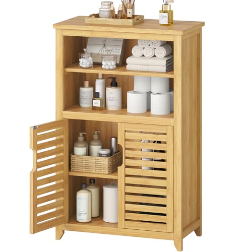VIAGDO Badezimmerschrank Bambus Badschrank mit 2 offenen Fächern und 2 Lamellentüren Küchenschrank multifunktional Schrank für Badezimmer Wohnzimmer Küche Flur 50 x 92 3 x 29 cm (B x H x T)