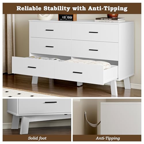 Image of BORNOON Dresser for Bedroom with 6-Drawer, 47.2 inch Modern Chest of Drawers with Metal Handles, X-Shape Base & Adjustable Center Leg, Anti-Tip Closet Organizers and Storage