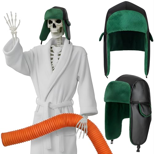 12 ft Skeleton Costume Christmas Cousin Leather Winter Trapper Hat Giant Skeleton Outfit Black and Green Plush Cap Accessories for Skull Xmas Holiday Vacation Garden Outdoor Decoration