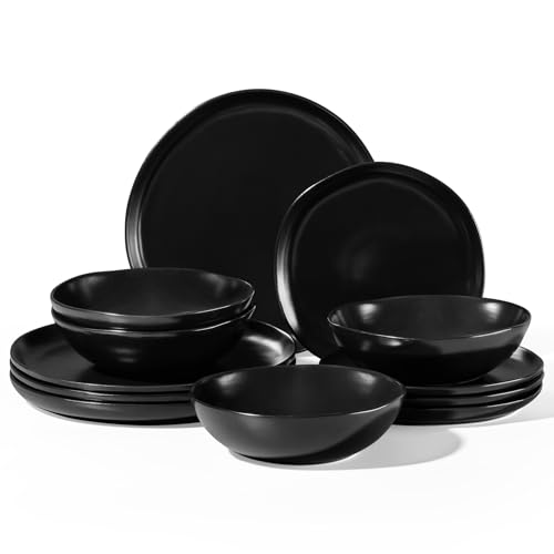 Homikit 12-Piece Dinner Set, Reactive Glaze Stoneware Dinnerware for 4 People, Irregular Shape Plates and Bowls, Non-Toxic & Scratch Resistant, Microwave and Dishwasher Safe - Obsidian Night